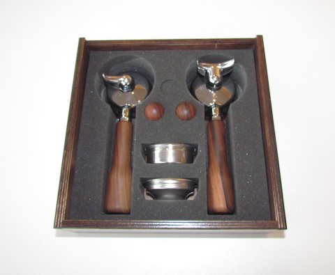 Bezzera Edelholzbox für Unica mit 1er und 2er Siebträger mit Holzgriff inkl. Siebe + 2 Holzknöpfe für Dampf- und Kaffeebezug